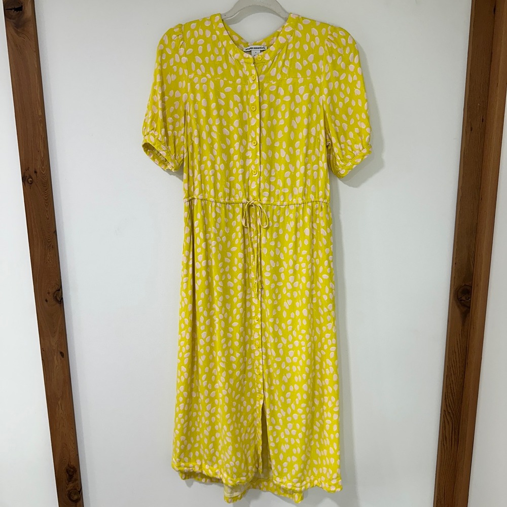 Amazon Essentials Button Front Midi Dress Womens Small Yellow Petal Cottagecore‎